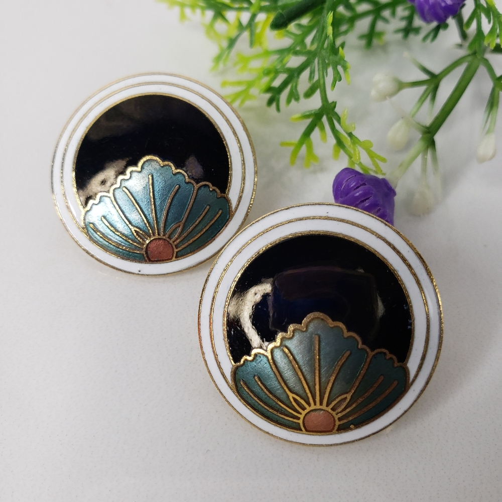 Vintage Large Round Cloisonnè Floral Pierced Earrings